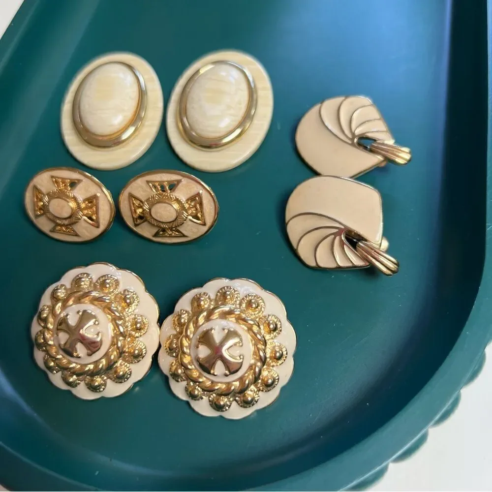 4 Pairs Mixed Decades 1950s - 1980s Large Cream Enamel Gold Toned Clip Earrings